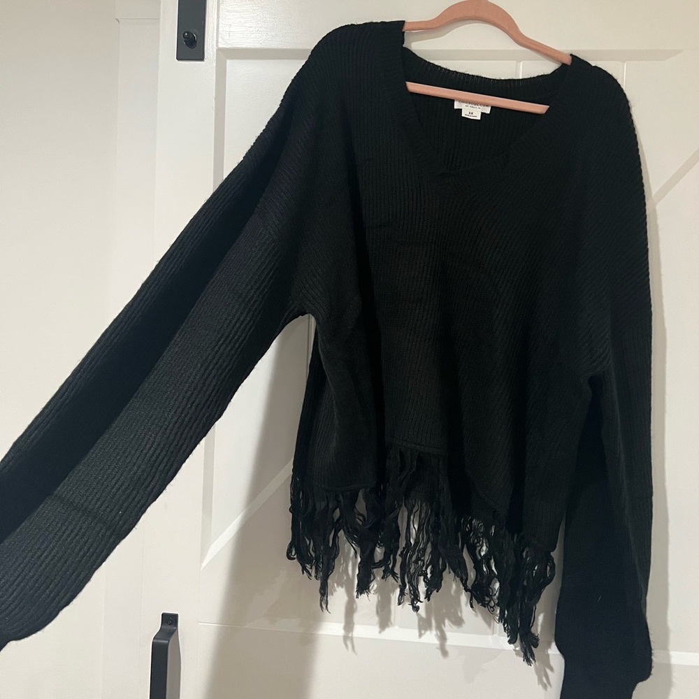 Chic Soul- Long Sleeve Black Sweater with Fringe Detailing
